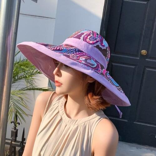 Women Cotton tie dye Bucket Hats Double-Sided solid color outdoor beach summer hat Big Brim wide soft Pattern Print cap anti-UV