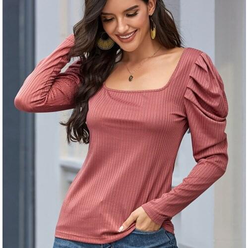 New Fall 2021 Square Neck Bubble Long Sleeve T-shirt Knit Fashion Casual Street Style Solid Color Women Pullover Top Plus Size