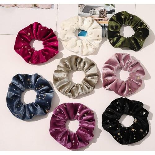 Women High Quality Velvet Fabric Hair Scrunches Golden Stars Stamping Large Scrunchies Vintage Hairbands For Lady