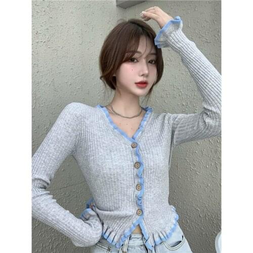 Autumn new style temperament V-neck slim thin long-sleeved short section knit sweater women