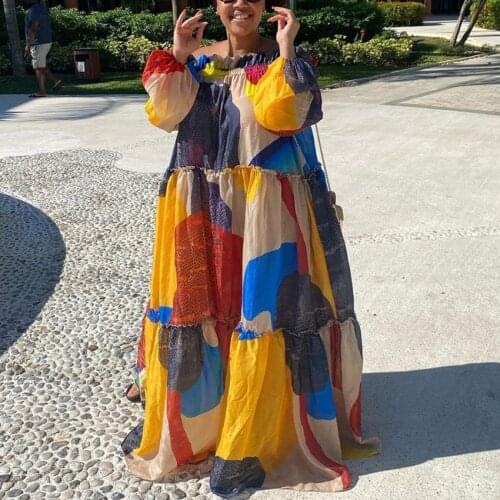 African Plus Size Dress 4XL 5XL Women Red Striped Long Sleeve Floor Length Loose High Waist Autumn Elegant Evening Vestidos Hot