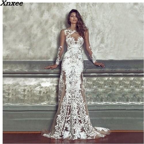 2018 Women Sexy O-Neck Lace Dresses Elegant Hollow Out Party Dresses Full Fashion Long Sleeve Mermaid Dresses Xnxee