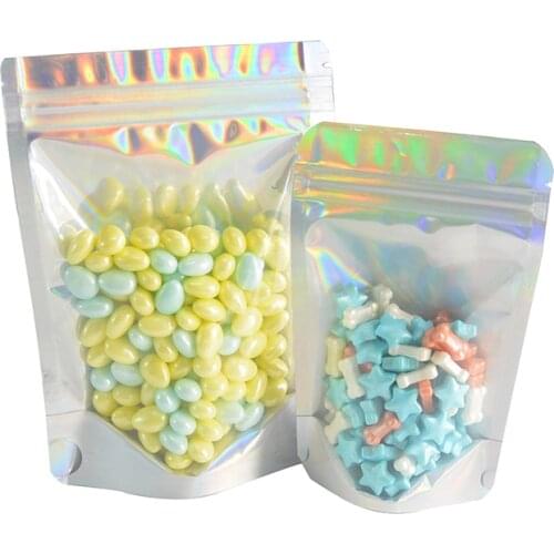 50pcs/lot Laser Aluminum Foil Mylar Zip Lock bags Clear Hologram Rainbow Stand Up Zip Lock Plastic Packaging Bag with Tear Notch