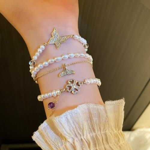 European and American fashion jewelry with freshwater pearl inlaid zircon butterfly fishtail temperament bracelet for women