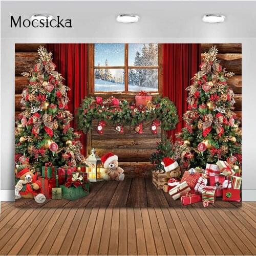 Christmas Tree Toy Bear Backdrop for Photography Windows Retro Wood Board Newborn Kid Portrait Background for Photo Studio Decor