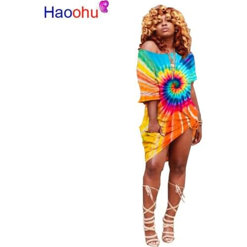 HAOOHU Sexy Plus Size Rainbow Tie Dye Dress Off Shoulder Womens Clothing Summer Robe Pocket Loose Dress Party Club Mini Dresses