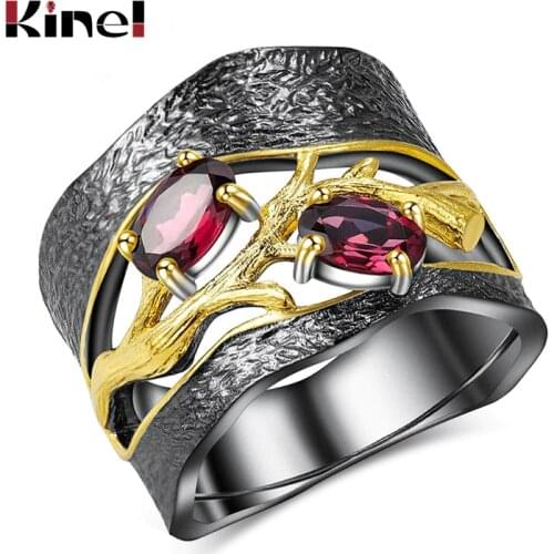 Kinel Vintage Bridal Wedding Ring Lucky Tree Punk Gun Black Mosaic Red Zircon Stone Finger Rings For Women Drop Shipping