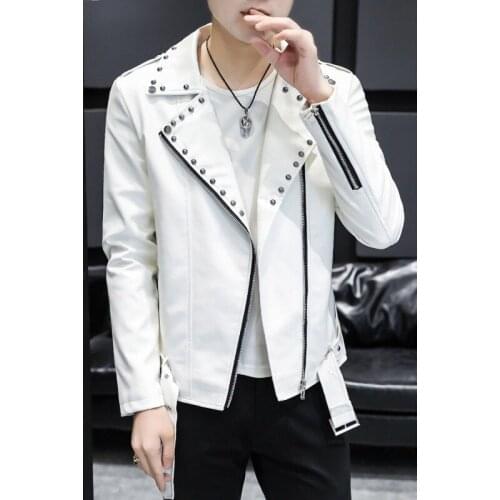 2021 Mens Autumn and Winter New Rivet Lapel PU Leather Jacket Youth Slim Oblique Zipper Leather Jacket