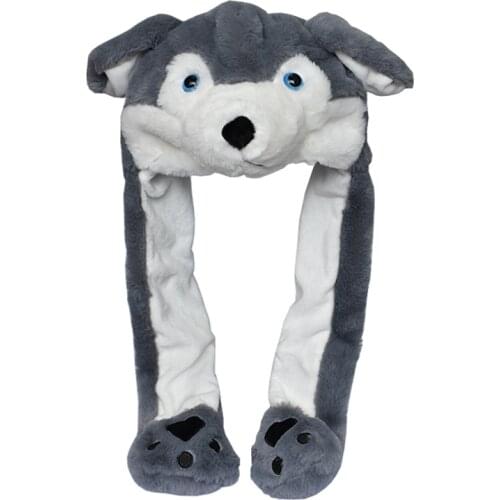 DOUBCHOW Ear Moving Cute Plush Grey Wolf Animal Hats with Paws for Adults Teenagers Kids Boys Girls Costume Winter Beanie Caps