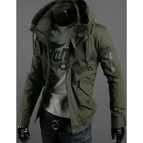 Mens Spring Hooded Jacket Korean Style Military Slim Fit Jacket Cargo Coat Outwear