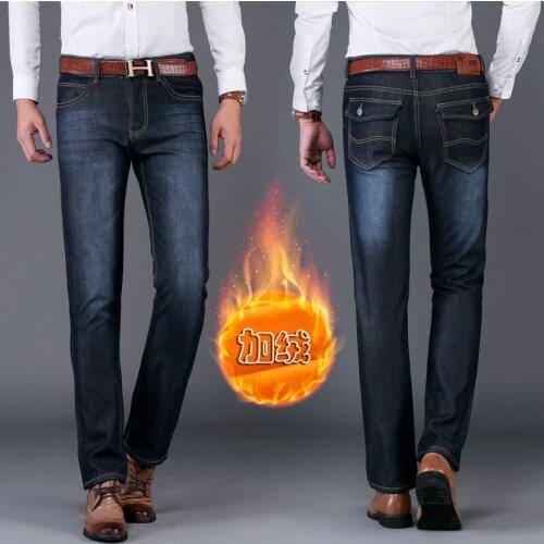 Male Casual Stretch Slim Jeans Classic Trousers 2021 Warm Jeans Gold Fleece Autumn Winter Jeans Warm Flocking Jeans Business