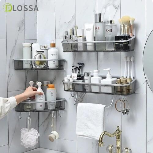 ELOSSA Wall Mount Bathroom Shelf Shower Shelf Drain Rack Punch-Free Shampoo Storage Box Towel Bar Home Bathroom Accessories Set