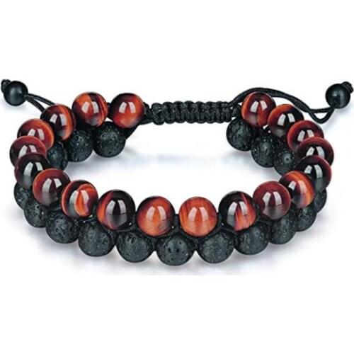 Natural red tiger eye stone beads rough lava minerals double row bangle handmade macrame healing bracelet for woman man jewelry
