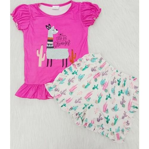 Latest fashion summer girl outfit rose red top with Alpaca pattern and ruffle shorts set baby girl party outfit