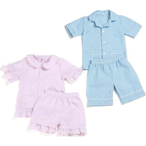 Newest Matching Blue Stripe Nightwear Seersucker 100% Cotton Kids Summer Pajamas For Boys