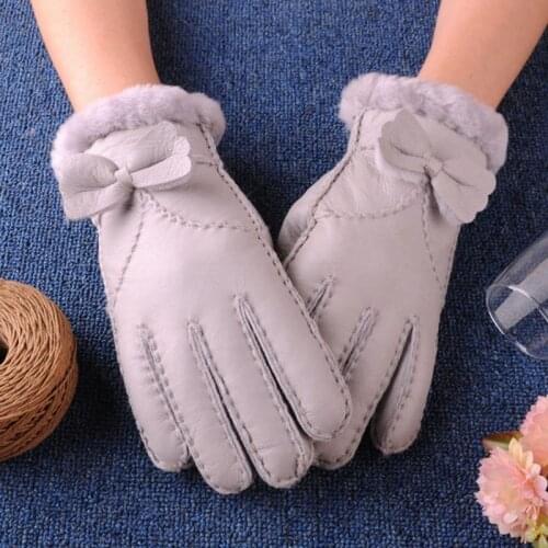 New arrival lady Winter thick warm natural Leather sheared sheep fur Fur gloves warmth bow outdoor b