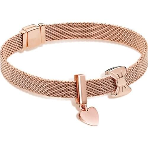 NEW 100% 925 Sterling Silver Reflexions Bracelet Set Rose Gold Bow Elegant Fit European DIY Original Charm Bead Jewelry Gift