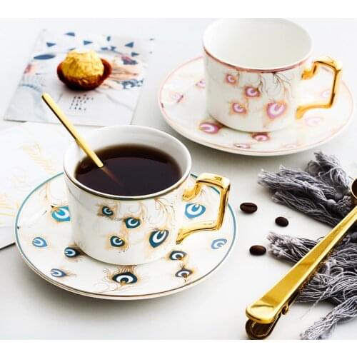 Very beautiful peacock feather ceramic coffee cup Exquisite gold handle black tea cup Christmas decoration gift