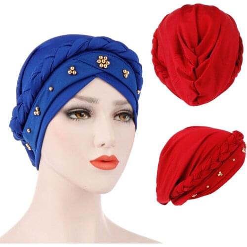 Solid Muslim Baotou Hat Cap Silk Turban Monochrome Beaded Whip Hat Cap Hide Hair Durage Muslim Hijab for Women Hair Accessories