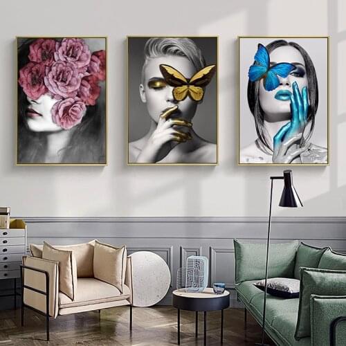Nordic Abstract Fashion Girl Flower Canvas Painting Posters and Prints Wall Art Pictures for Living Room Home Decoration Cuadros