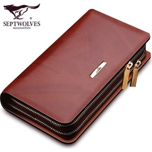 Septwolves famous brand men bag split leather large capacity business men clutch bags double zipper male hand