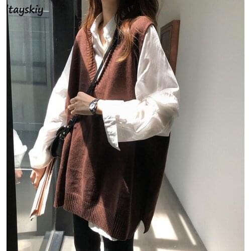 Women Sweater Vest Plus Size 3XL Solid V-neck Loose Knitted Sleeveless Sweaters Female Simple Elegant Office Ladies Ulzzang Chic