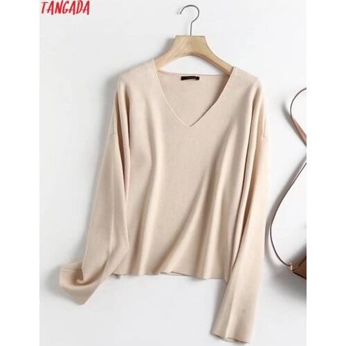 Tangada Women High Quality Elegant Oversized Knitted Sweater Jumper V Neck Female Pullovers Chic Tops 4C26