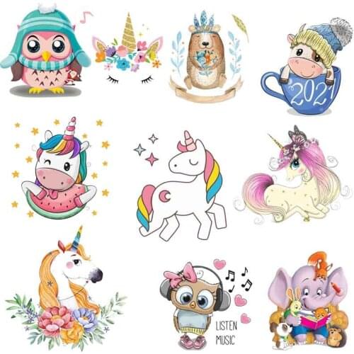 Iron On Lovely Animals Heat Vinyl Transfer For Clothing Unicorn Owl Transfers For Clothes Applique Stickers For Diy Baby T-shirt
