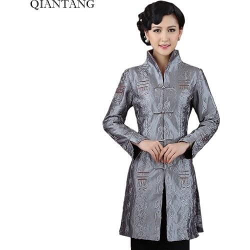 Gray Traditional Chinese style Ladies Jacket Mujer Chaqueta Women Satin Embroidery Coat Size S M L XL XXL XXXL 4XL 5XL Mne08B