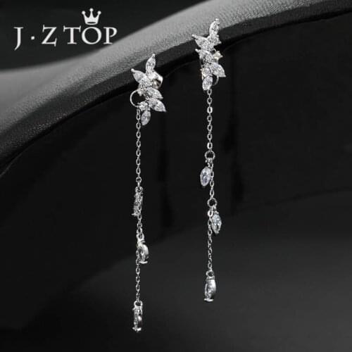 JZTOP Silver Color Leaf Zircon Drop Earrings Woman Luxury Crystal Plant Tassel Dangle Earrings Female Wedding Jewelry Pendientes