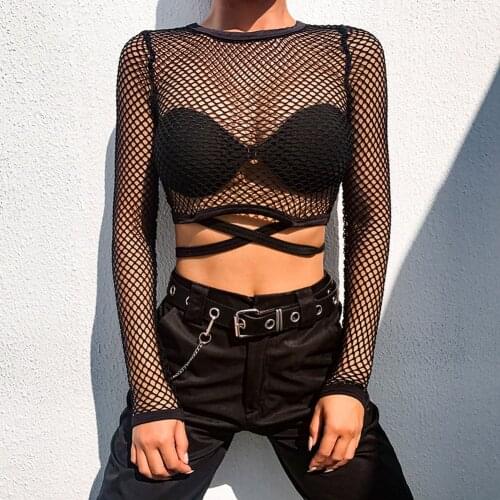 Brand New Summer Women Sexy Mesh Sheer T-shirts Long Sleeve Fish Net See Through Crop Tops Bandage Ladies T-shirt Black