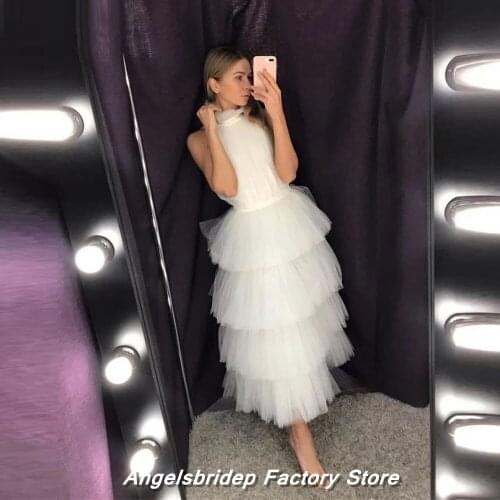 Vestidos De Festa High Neck Tulle White Short Wedding Dress Tiered Bride Party Gowns Women Tea Length Junior Bridesmaid Dress
