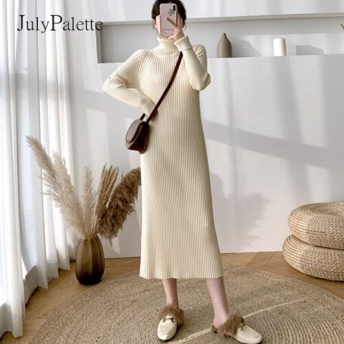 JulyPalette 2021 Autumn Turtleneck Sweater Dress Solid Casual Women Long Sleeve Thick Knit Dress Winter Warm Slim Long Dress New