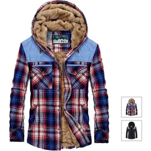 Winter Shirt Men Thick Warm Fleece Shirts Plaid Cotton Men Shirt Long Sleeve Camisa Masculina Plus Size M-XXXL Hooded Shirt Men
