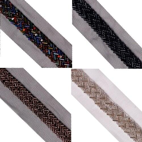 5y Bead Rhinestones Lace Trim Black White Mesh Net Fabric Trim Lace Ribbon Fabric Handemade Wedding Dress Sewing Applique T2639