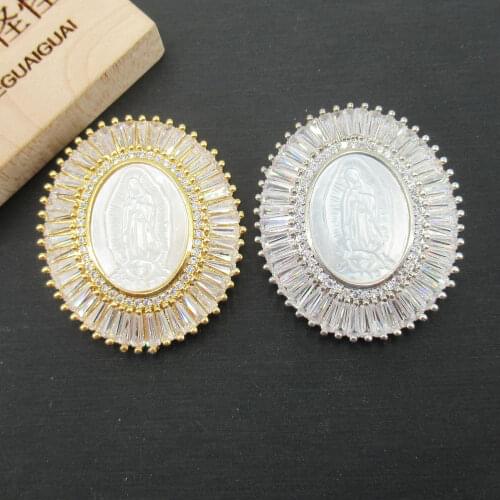APDGG 32x37mm Virgin Mary White Mop Cameo Shell Gold plated cubic zircon CZ Paved Connector Charms necklace pendant Jewelry DIY