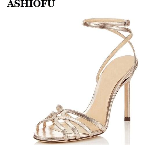 ASHIOFU Handmade New Ladies High Heel Sandals Buckle Ankle Strap Sexy Party Prom Summer Shoes Large Size Evening Fashion Sandals