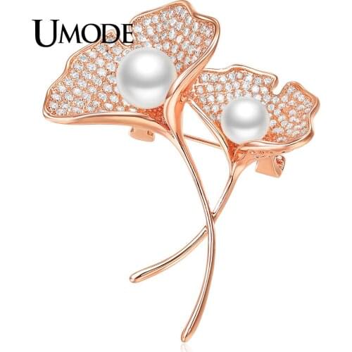 UMODE Brand Design New Charm Ginkgo leaves Pealr Brooches for Women Rose Gold Color Crystal Brooch Bouquet Clothes Pins AUX0018A