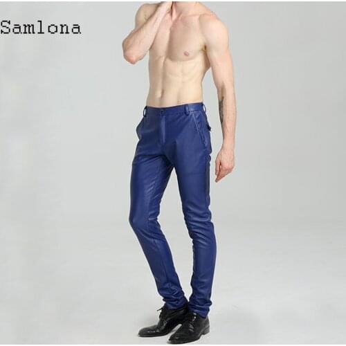 Samlona Big Size Men PU Leather Pants Blue Red Skinny Pantalon Male Sexy Faux Leather Trousers Kpop Dance Pants Mens Clothing