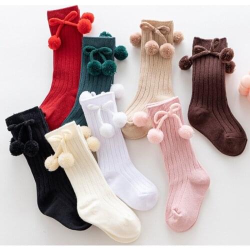 0-3Y New Autumn Winter Baby Stockings Cotton Solid Color Knee High Socks Bow Pom Pom Socks for Girls Baby Girl Socks Knee High