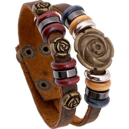 Double Layers Beads Flower Vintage Bracelets Snap Button Rose Beaded Charm Bracelet Women Men Jewelry Bangles Holidays Ornament