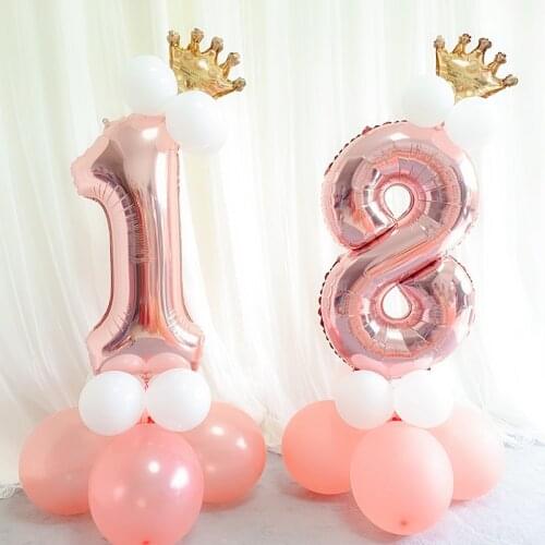 1st Birthday Ballon Foil Number Balloon 0-9 With Crown Pink Happy Birthday Wedding Party Decoration Baby Shower Girl Boy Globos