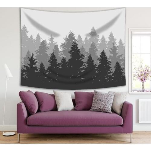 Tapestry Wild Coniferous Forest Pine Tree Foggy Morning Landscape Nature Silhouettes Black and Gray Photo Print