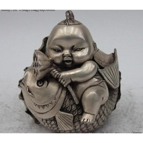 China Fengshui White Bronze Silver Gilt Children Boy Ride Fish Lotus Leaf Statue