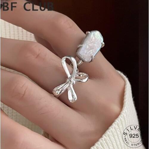 Real 925 Sterling Silver Finger Rings For Women Bow Stone Irregular Trendy Fine Jewelry Large Adjustable Antique Rings Anillos