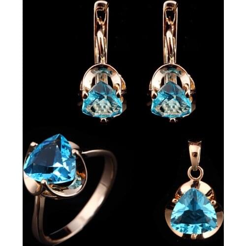 Luxury Fashion Earring Jewelry Sets Trendy Heart Blue Stone 585 Gold Color Ring and Necklace Jewelry Setsr Women Accessories