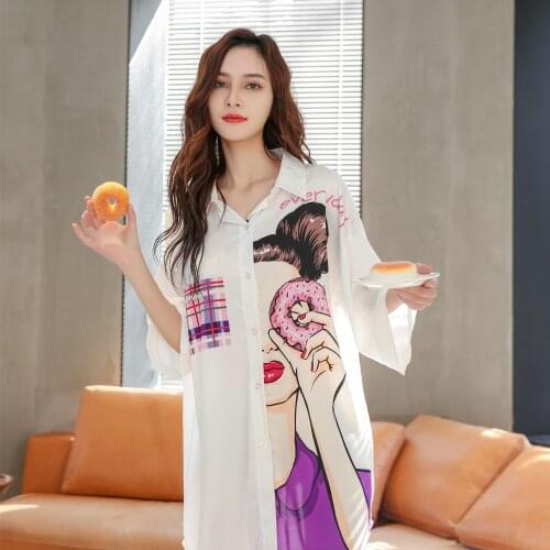 Summer Homedress Womens Satin Chiffon Nightgown Printing Sleepwear Half Sleeve Shirt Nightdress Sleepshirts Sexy Home Clothing