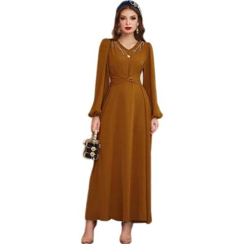 Muslim Women Long Dress V-neck Abaya Casual Long Sleeve Spring Maxi Robe Gown Middle East Dubai Turkish Islamic Ramadan Eid New