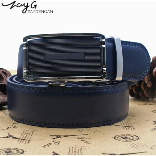 ZAYG Men Metal stripes Automatic Ratchet Buckle Belt High Quality blue black Belt Men Business Fashion Simple Belt Jeans strap