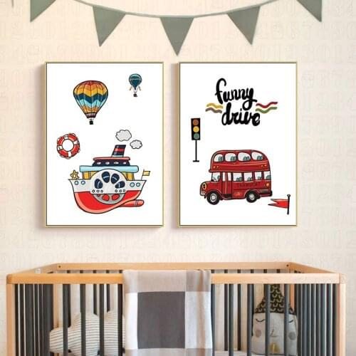 Wall Art Print Canvas Painting Nordic Decor Pictures Baby Boy Room Transport Cartoon Kids City Car Ship Helicopter Poster